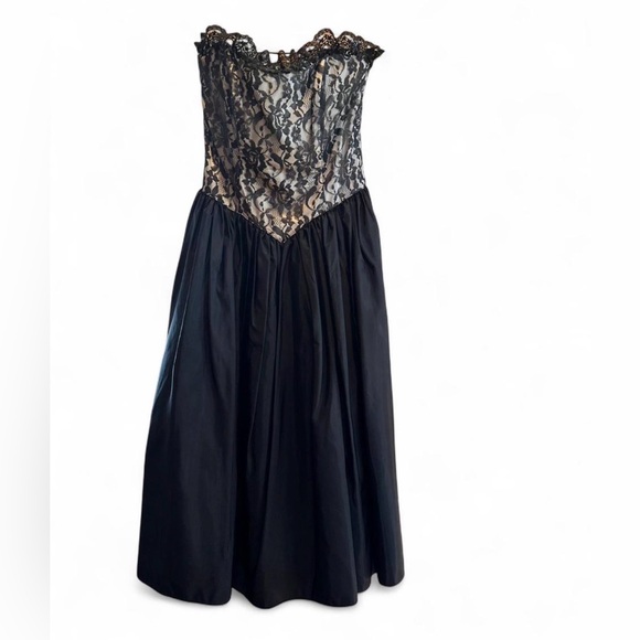 Vintage Gunne Sax Jessica McClintock Black Floral Lace Corset Midi Dress sz 9